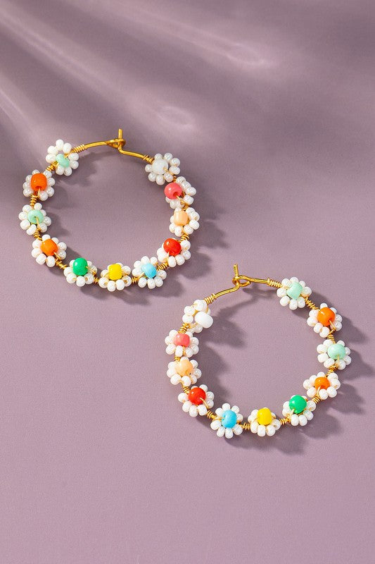 Bead Flower Hoop Earrings