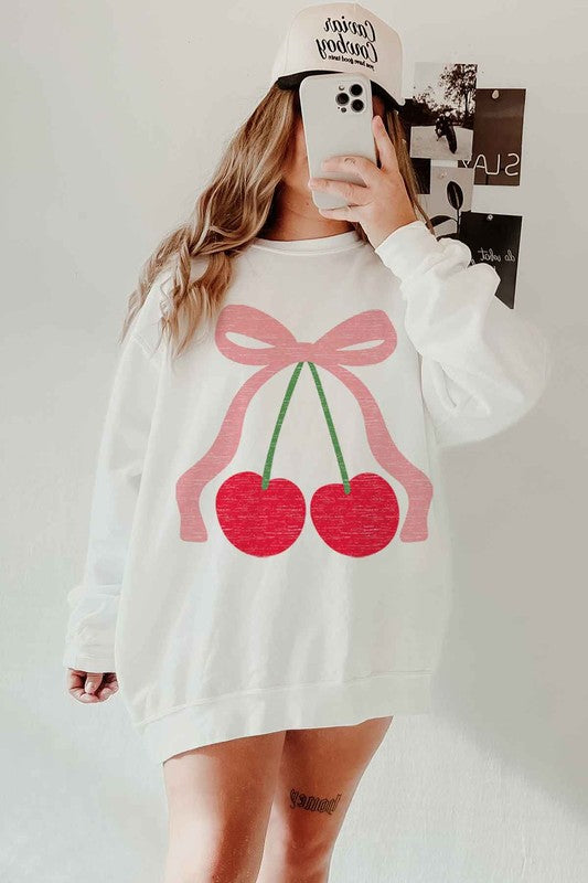 CHERRY BOW RIBBON GRAPHIC SWEATSHIRT