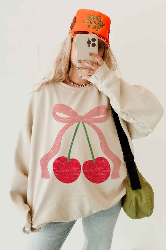 CHERRY BOW RIBBON GRAPHIC SWEATSHIRT